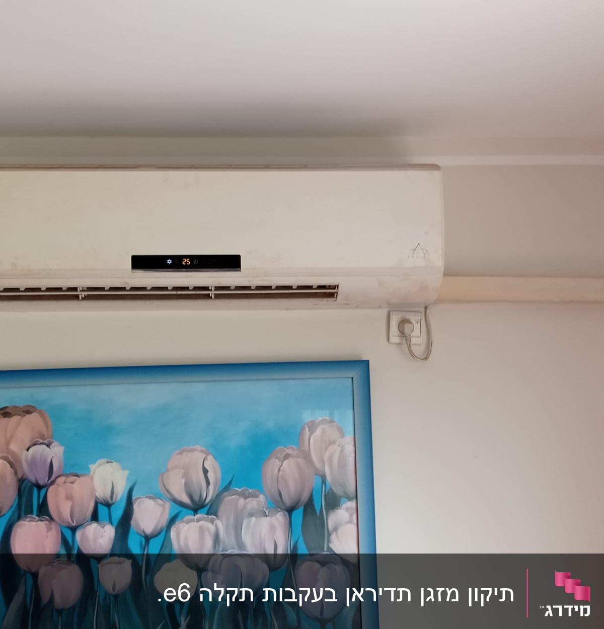 מזגן מותקן על קיר עם תצוגת טמפרטורה 25 מעלות